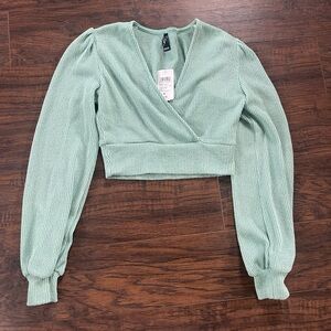 Cropped Ribbed Wrap Long Sleeve Sweater Top